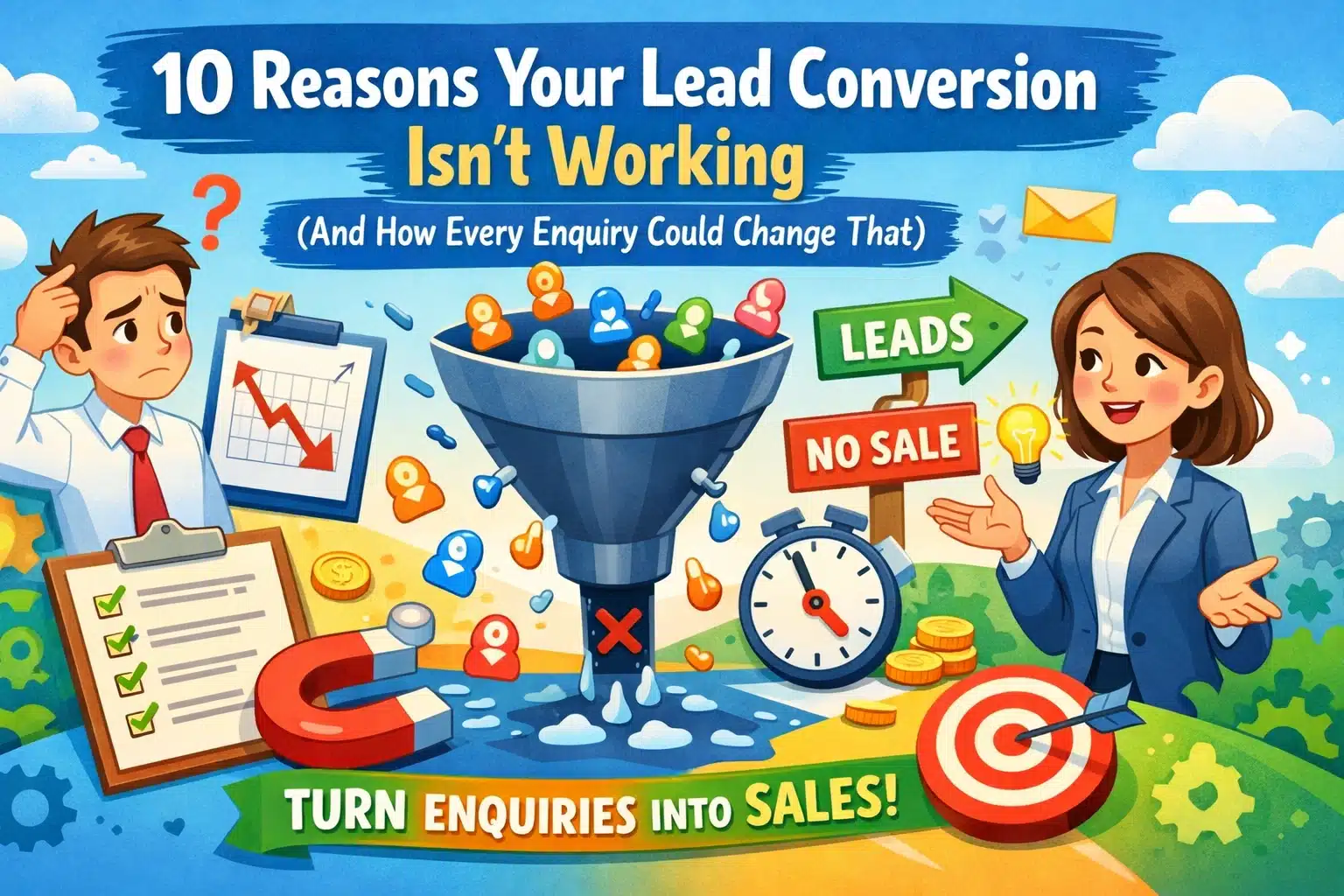 Lead conversion infographic with illustrations.