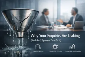 Funnel graphic with business discussion backdrop.