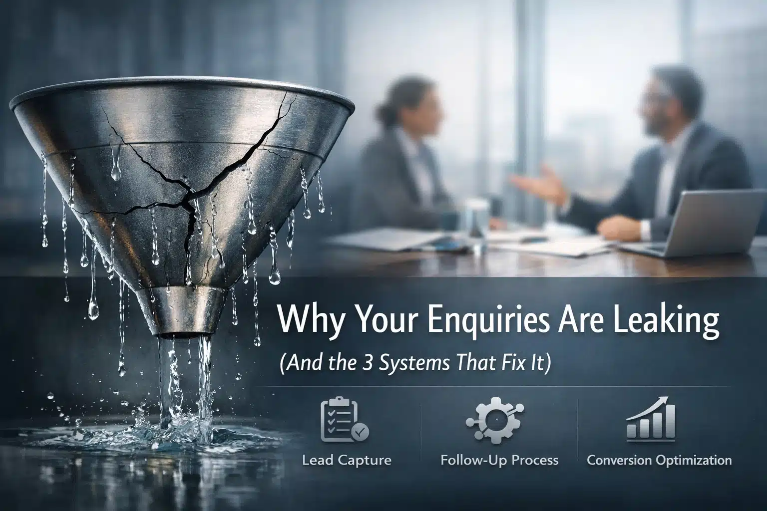 Funnel graphic with business discussion backdrop.