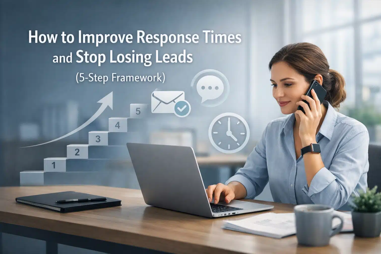 Woman on phone with laptop, infographic