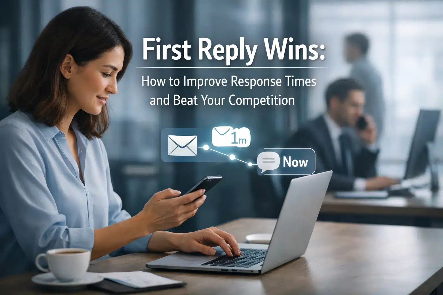 Woman using phone in office setting