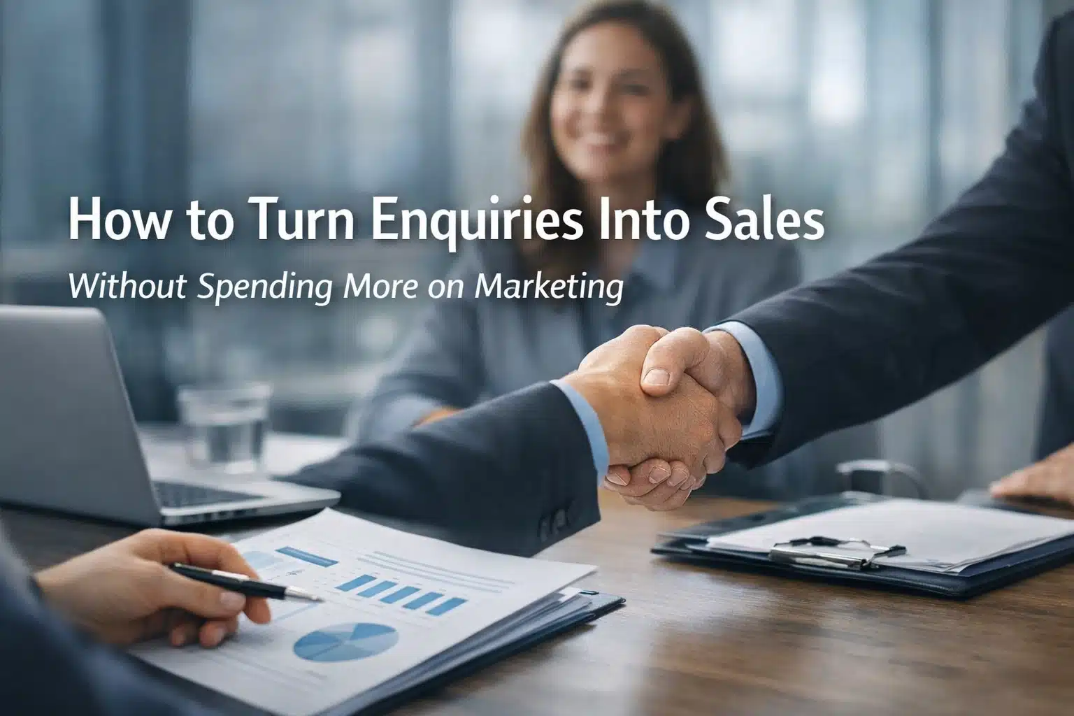 Business handshake and marketing presentation